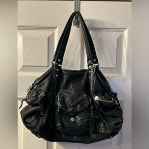 Olivia Harris Black Leather Shoulder Bag with Silver Accents